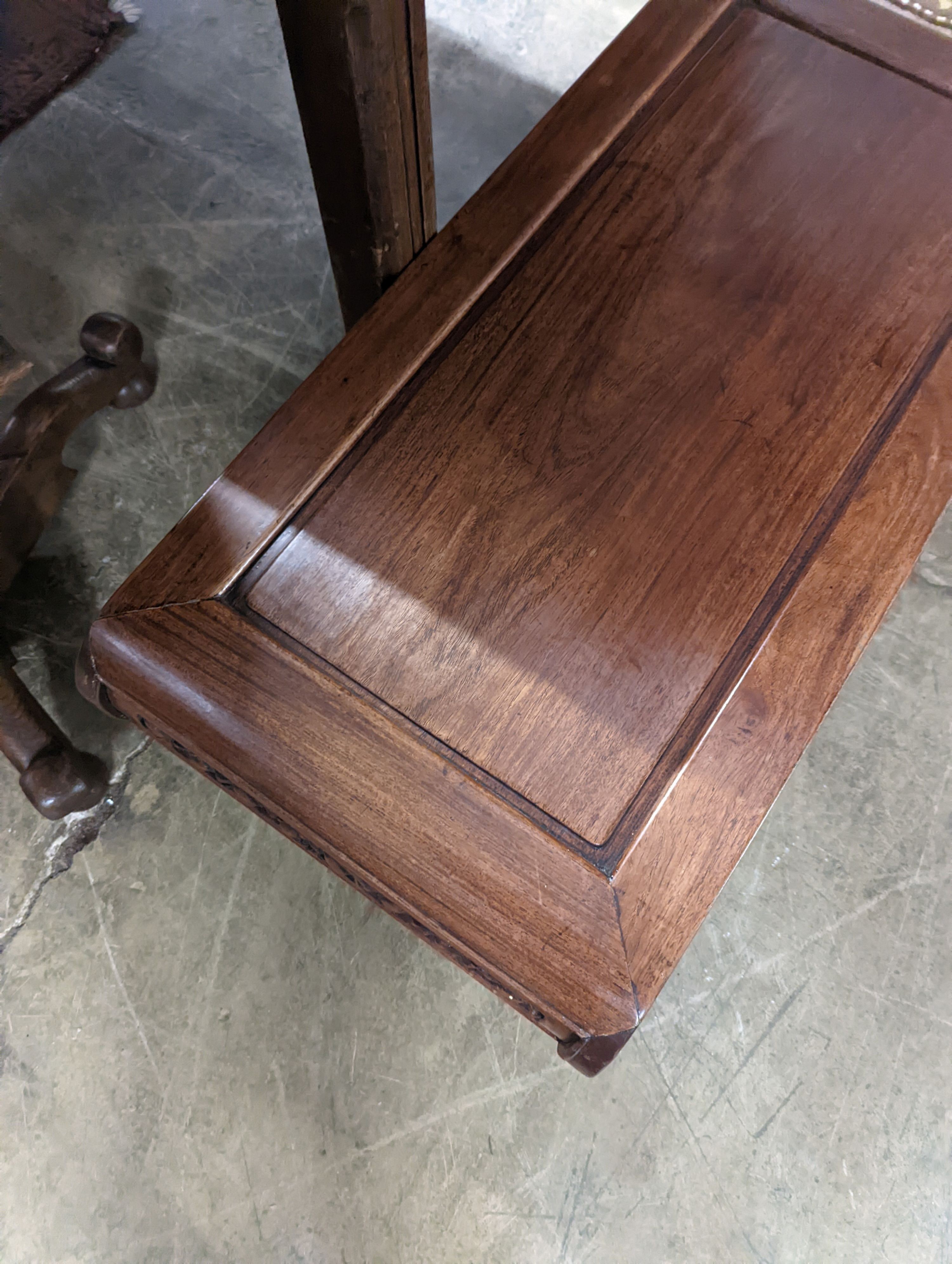 A late Victorian Chinese hongmu rectangular low table, width 90cm, depth 43cm, height 34cm